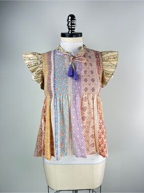 💚 3811. Boho Patchwork Ruffle Sleeve Top in Multicolor